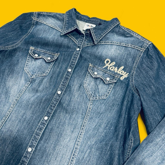 Harley-Davidson Denim Button Down Shirt Women XL Western Snap Logo Embroidered - Picture 8 of 10